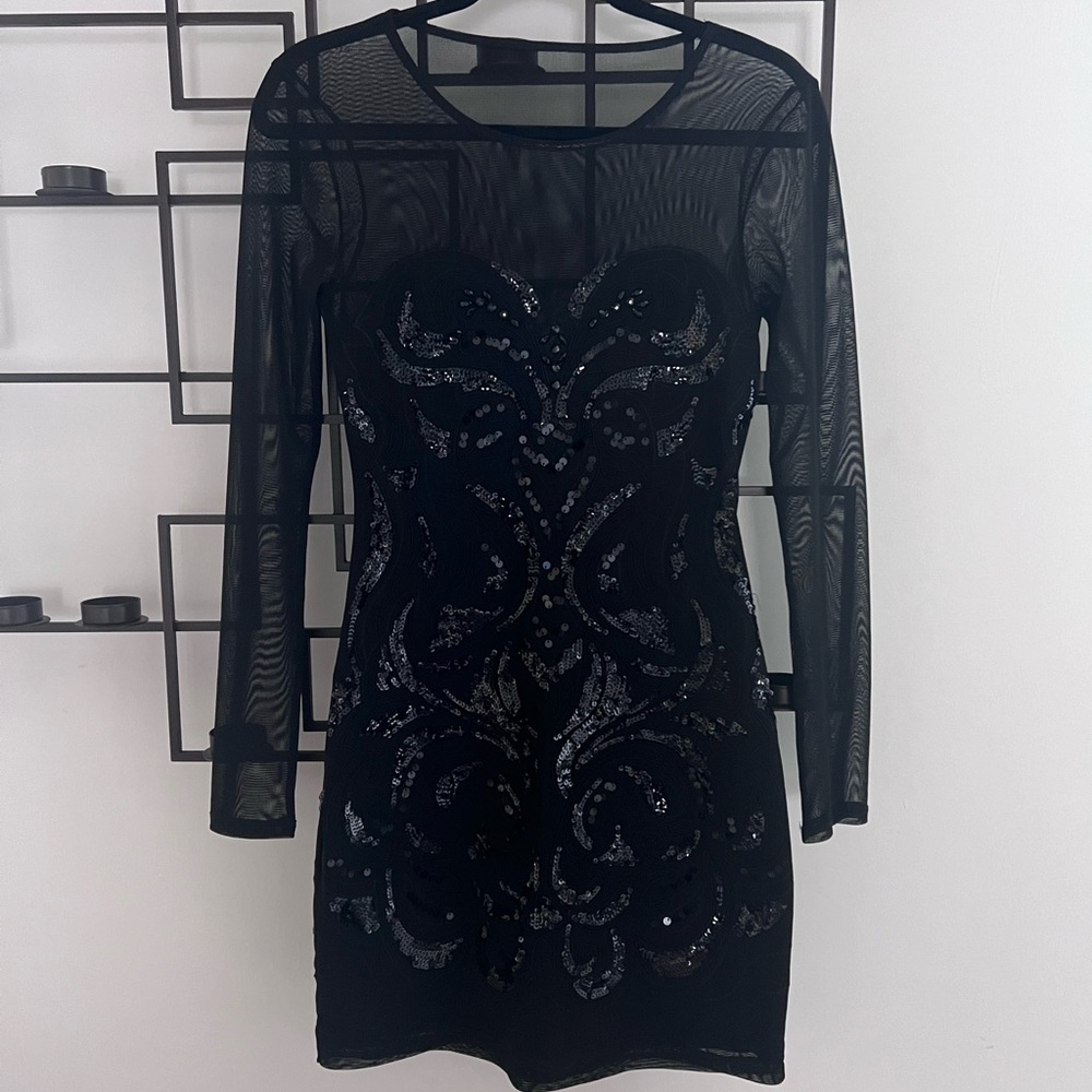 Express Black/Mesh Mini Long sleeve Dress (S)